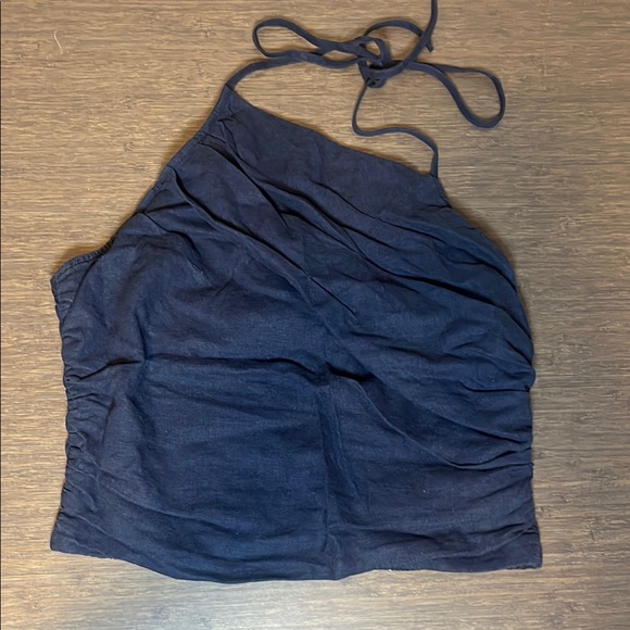 Open Edit Ruched Blue Halter Top - Picture 2 of 4